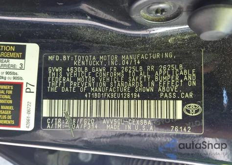 2014 Toyota Camry Hybrid/Le/Xle из США, поврежденный, VIN 4T1BD1FK9EU128194